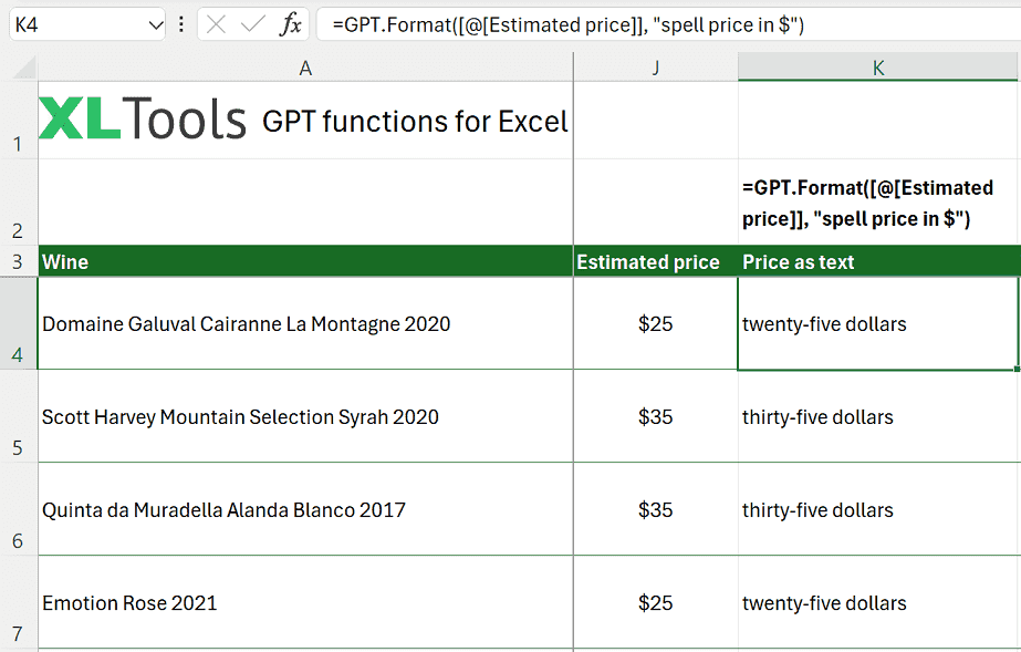 How to use GPT.Format function in Excel: formula and results
