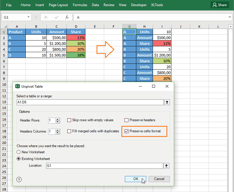 Unpivot crosstab table in Excel: keep cell format