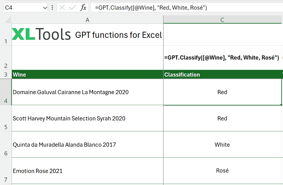 How to use GPT.Classify function in Excel to classify wine