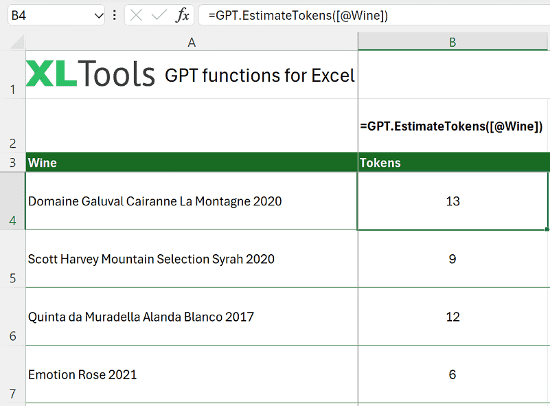 How to use GPT.EstimateTokens function in Excel: understanding token count and cost estimation
