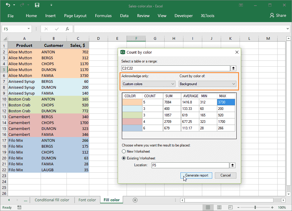 Count values by cell background color