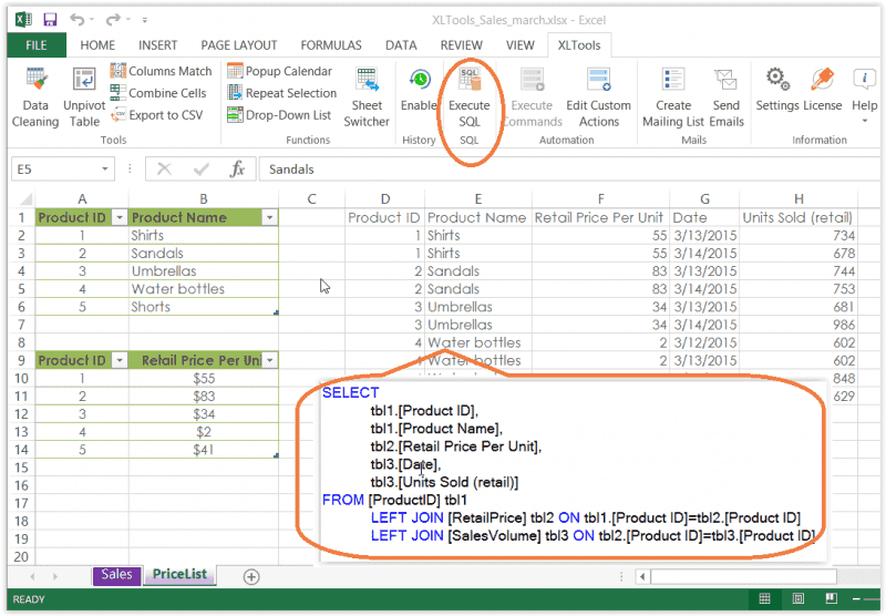 How to left join Excel tables with XLTools SQL Queries add-in