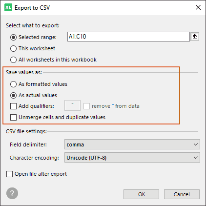 Set processing options to export Excel data to CSV