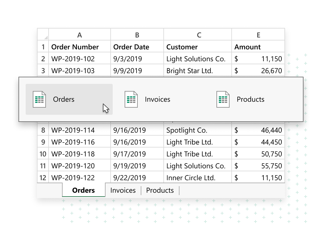Switch between Excel sheets closeup