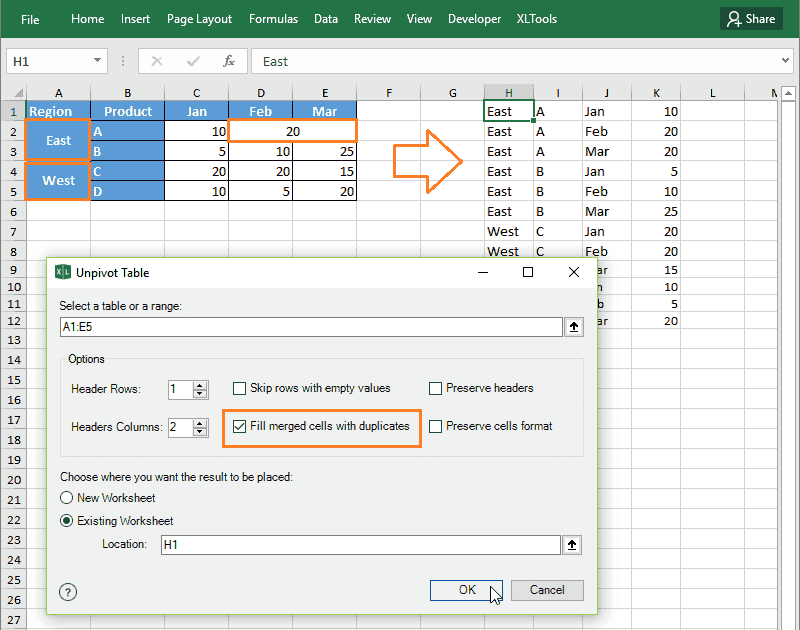 Flatten a crosstab table: duplicate values from merged cells
