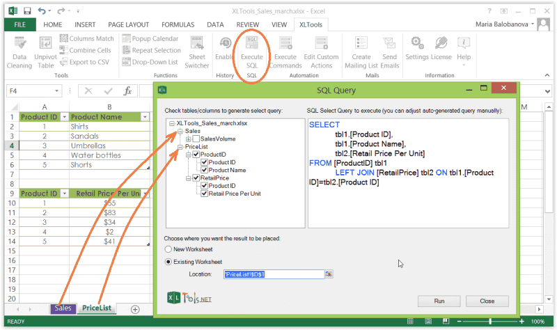 Screenshot: main features of XLTools SQL Queries