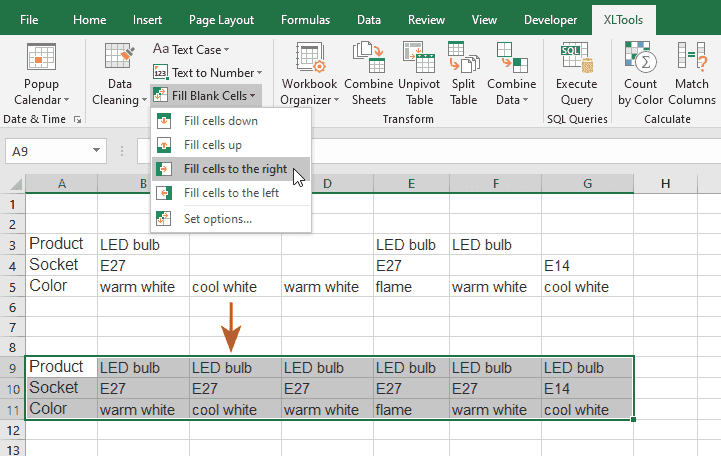 How to fill blank cells to the right with the nearest values
