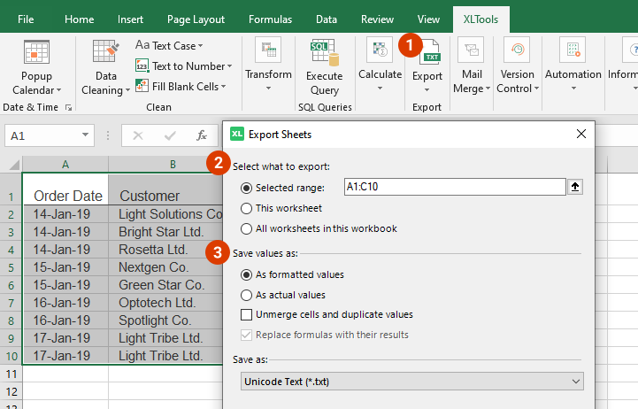 Select all worksheets in this book and export to TXT