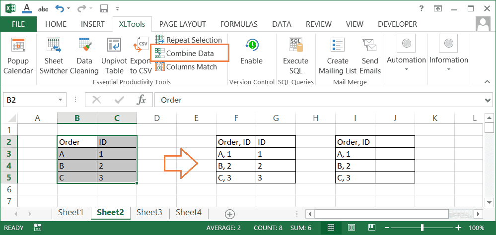 How to combine data in Excel columns row by row