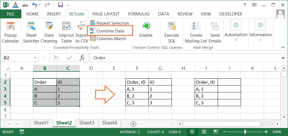 How to combine data in Excel columns row by row