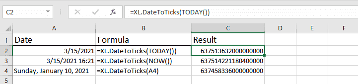 How to use DateToTicks function for Excel: formula and results