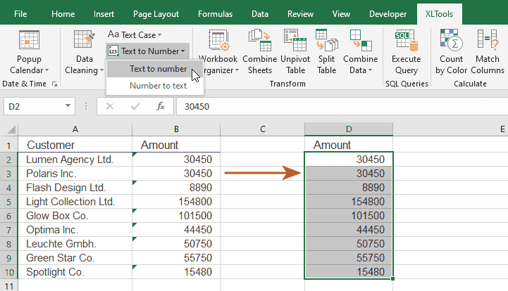 See result: numbers stored as text are converted to proper number format