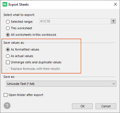 Set processing options to export Excel data