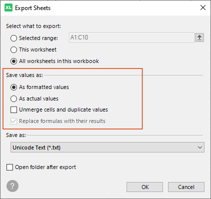 Set processing options to export Excel data