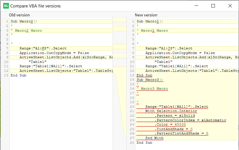 Compare vba versions side by side