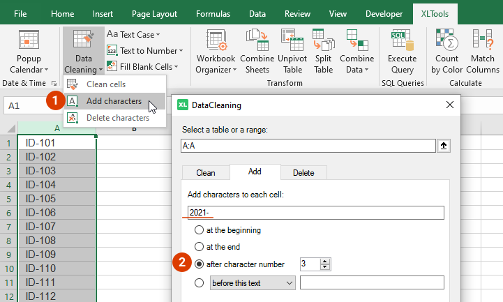 Select the range to where to add the substring