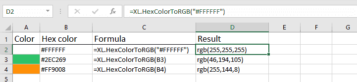 How to use HexColorToRGB function for Excel: formula and results