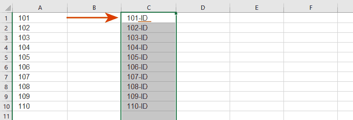 See result: the substring is added at the end of each cell