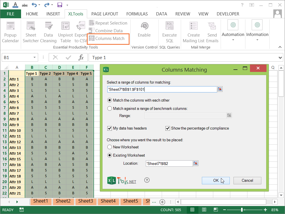 How to match columns with each other with XLTools