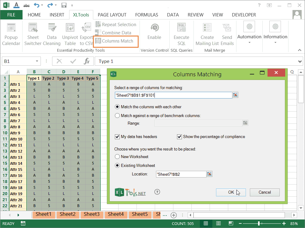 How to match columns with each other with XLTools