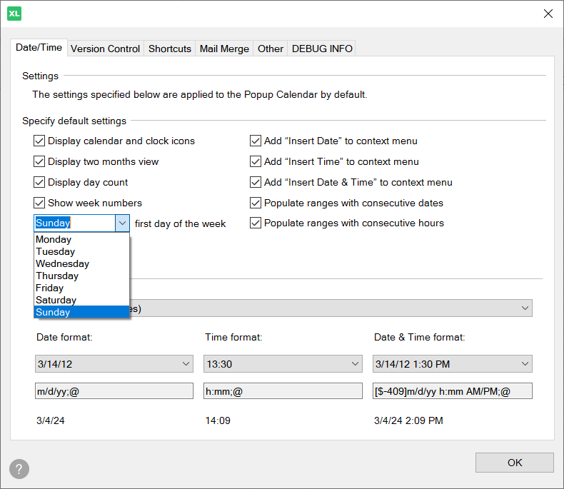 Specify Popup Calendar Settings