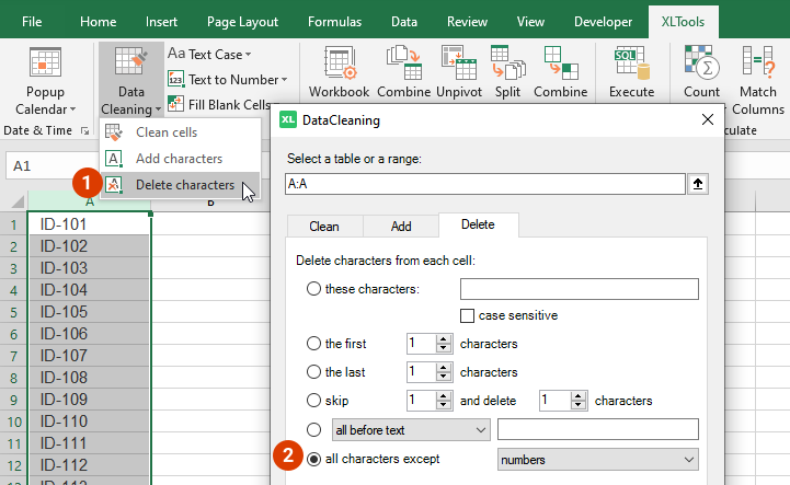 Select the range where to delete characters