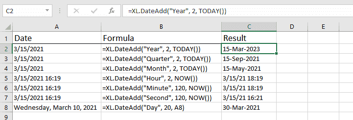 How to use DateAdd function for Excel: formula and results
