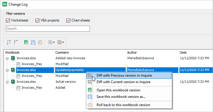 Version Control: how to diff two consequent versions of Excel workbook in Inquire