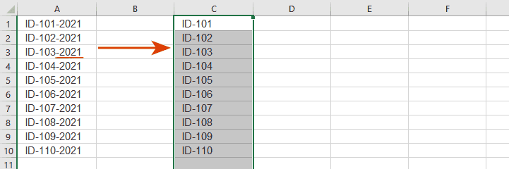 See result: the substring is deleted from the end of all cells