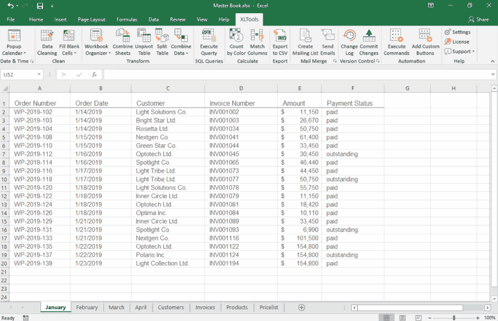 Excel spreadsheet with XLTools tab