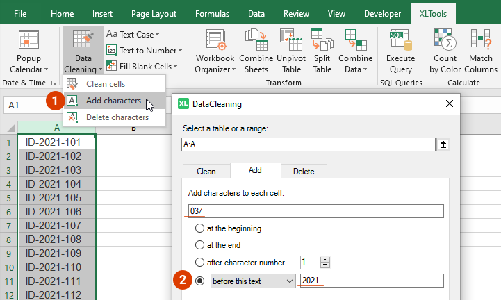 Select the range to where to add the substring