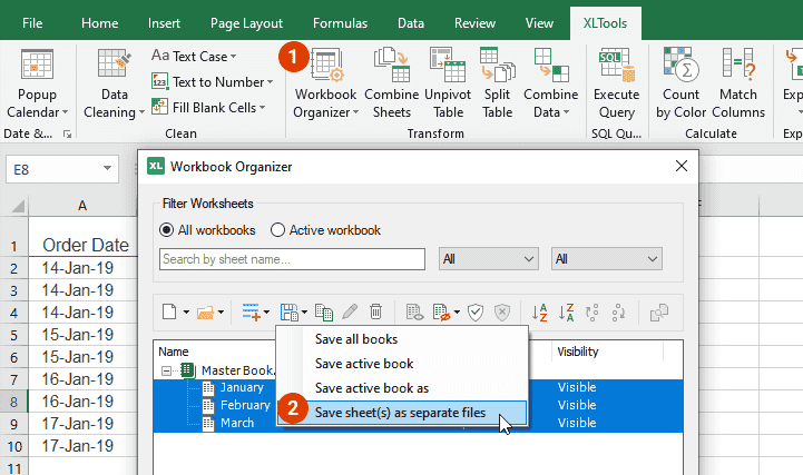Select the worksheets in Workbook Organizer and export them to a different format