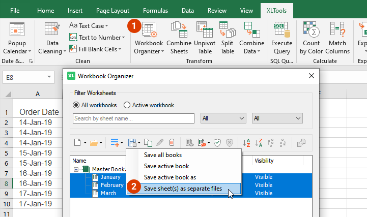 Select the worksheets in Workbook Organizer and export them to a different format