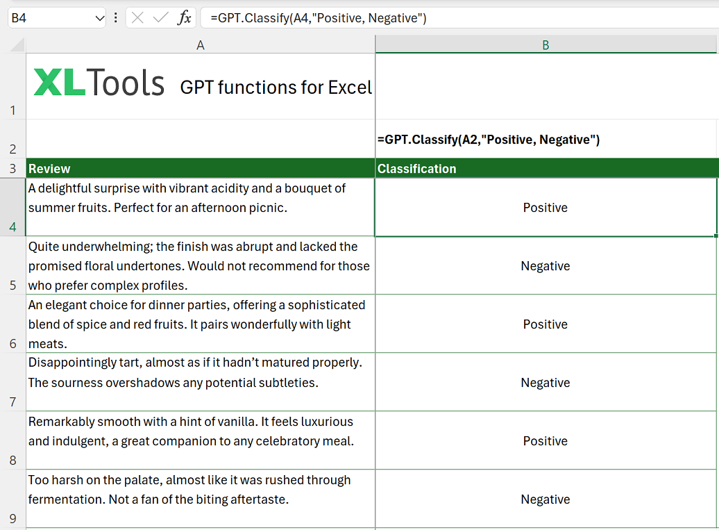 How to use GPT.Classify function in Excel to classify review