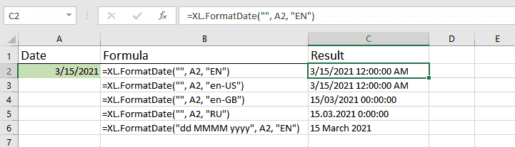 How to use FormatDate function for Excel: formula and results