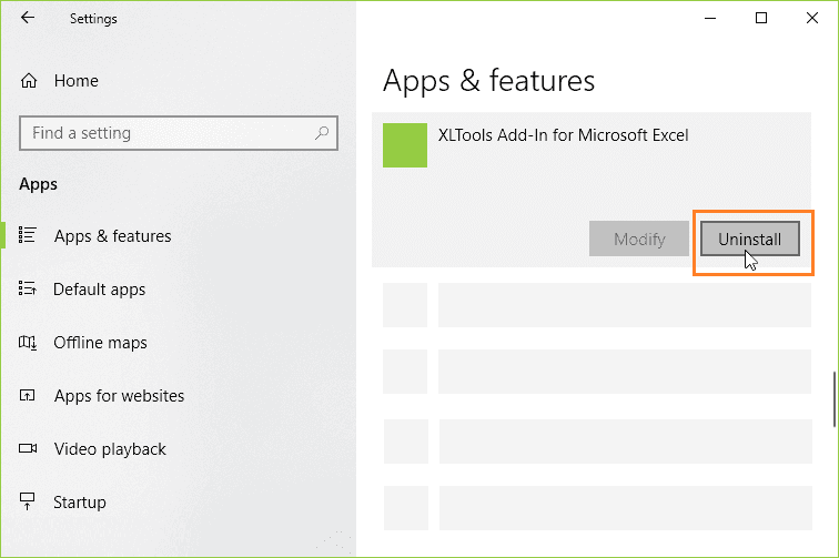 How to uninstall XLTools add-in via Apps and Features