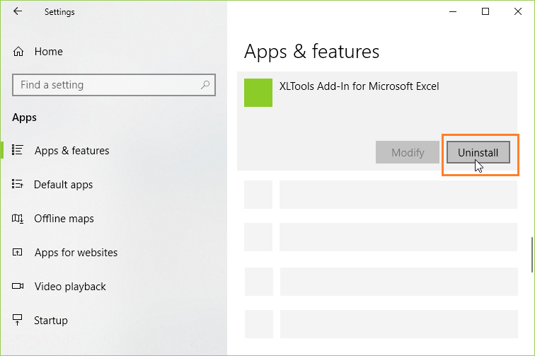 How to uninstall XLTools add-in via Apps and Features