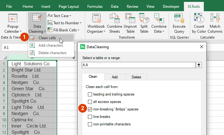 Select the range to clean from non-breaking spaces