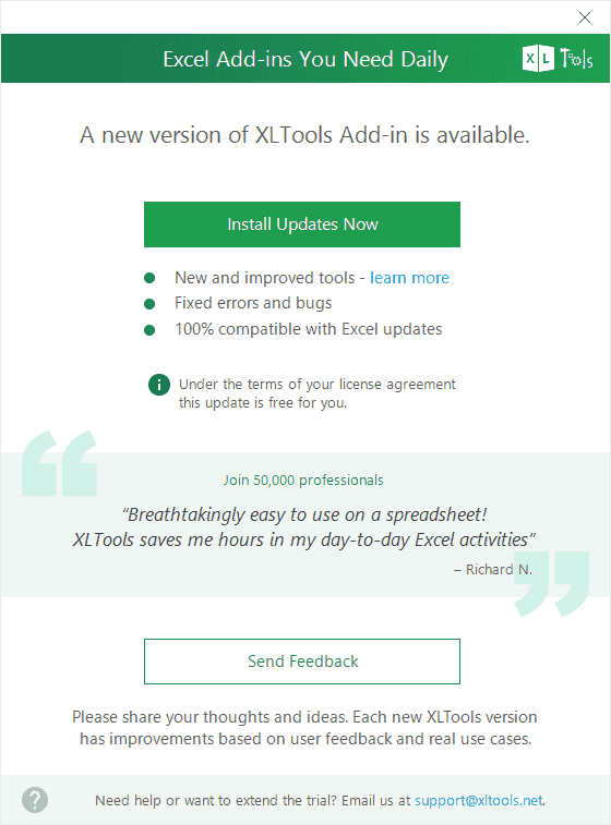 Screenshot: click OK to install updates for XLTools add-in