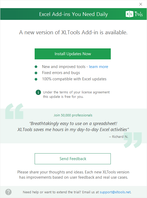 Screenshot: click OK to install updates for XLTools add-in