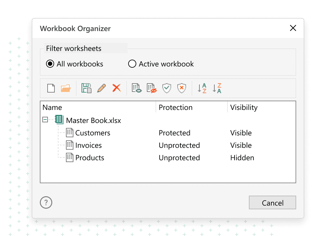 Workbook organizer for Excel closeup
