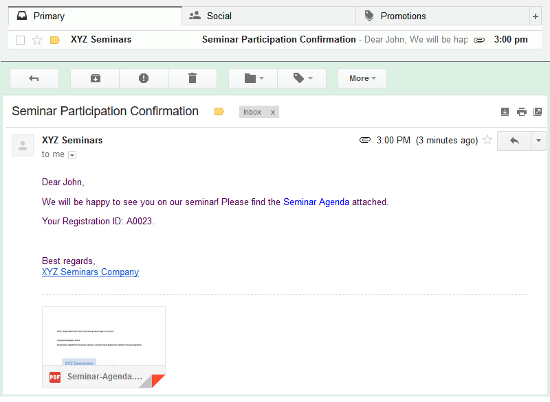 The view of an email sent with XLTools Mail Merge in a recipient's mailbox