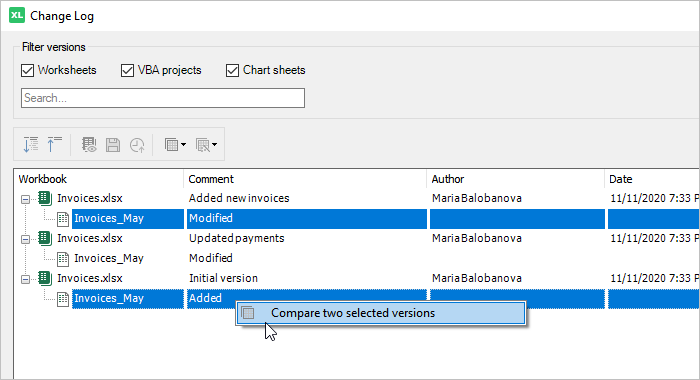 Version Control: how to compare worksheet versions