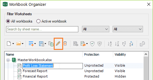 Rename an Excel worksheet in Organizer