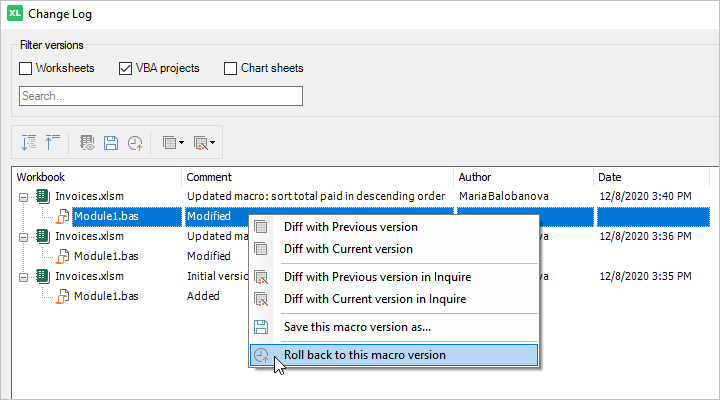 Version Control: how to open or roll back to a previous Excel macro version