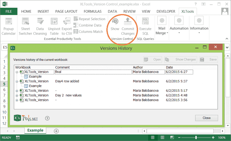 XLTools Контроль версий: как восстановить предыдущую версию книги