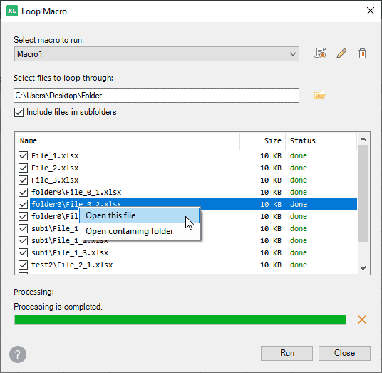 Review results of the macro executed on all files in a folder