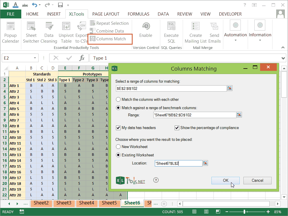 How to match columns against benchmark with XLTools