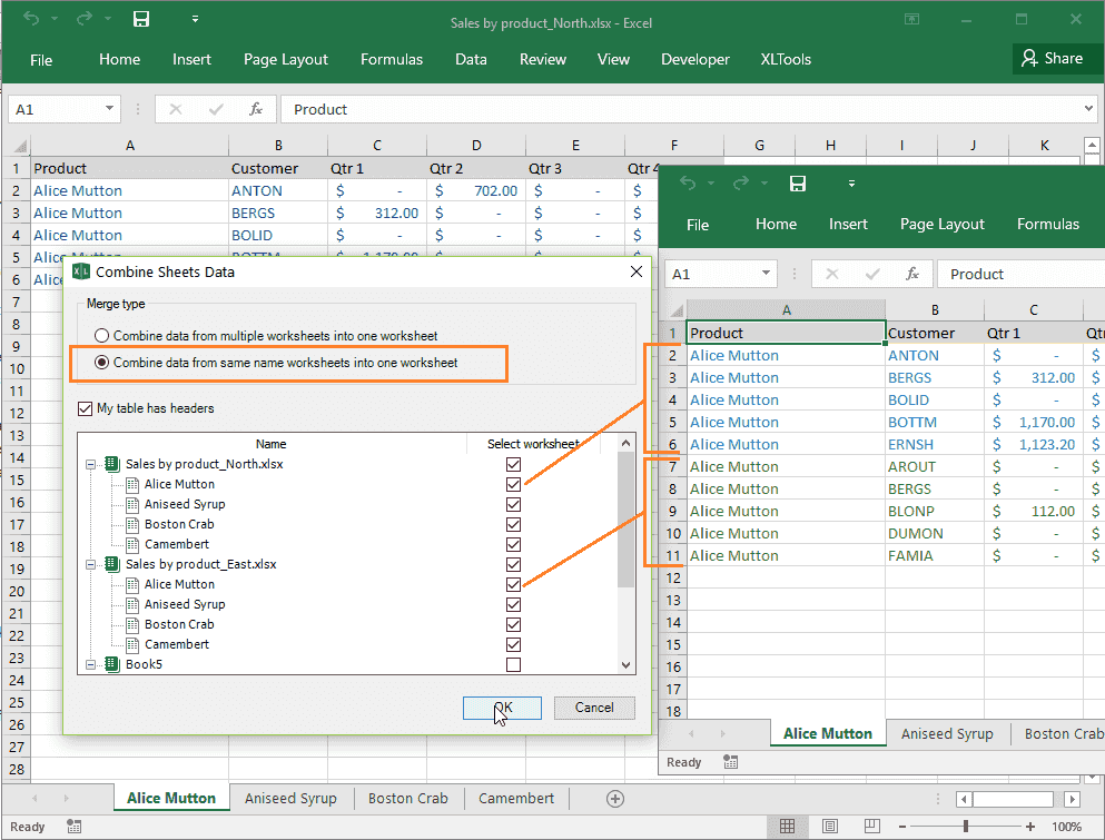 Combine data from worksheets of the same name into one