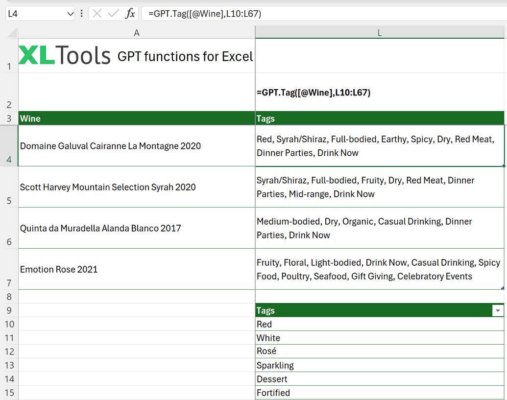 How to use GPT.Tag function in Excel: formula and examples